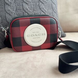 Coach Dempsey Camera Bag buffalo plaid print patch crossbody shoulder bag purse